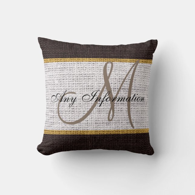 Coussin Monogramme Blanc et Brown Burlap Jute (Recto)