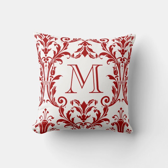Coussin Monogramme blanc et rouge Damask Floral (Recto)