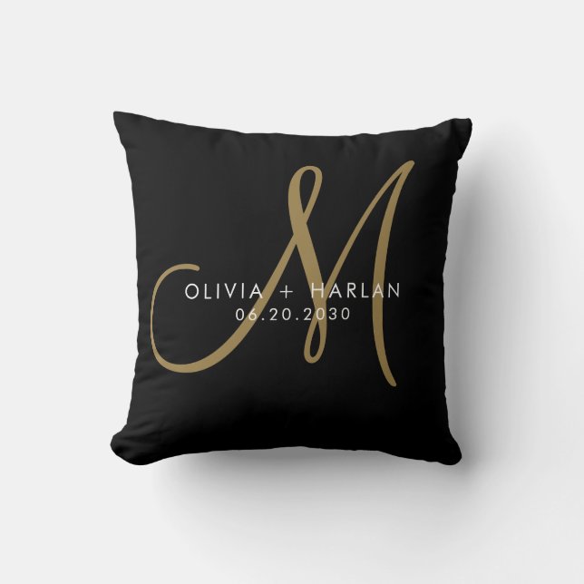 Coussin Monogramme blanc or moderne noir Mariage Keepsaké (Recto)
