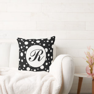 Coussin Monogramme blanc sur le Motif de points Polka Noir