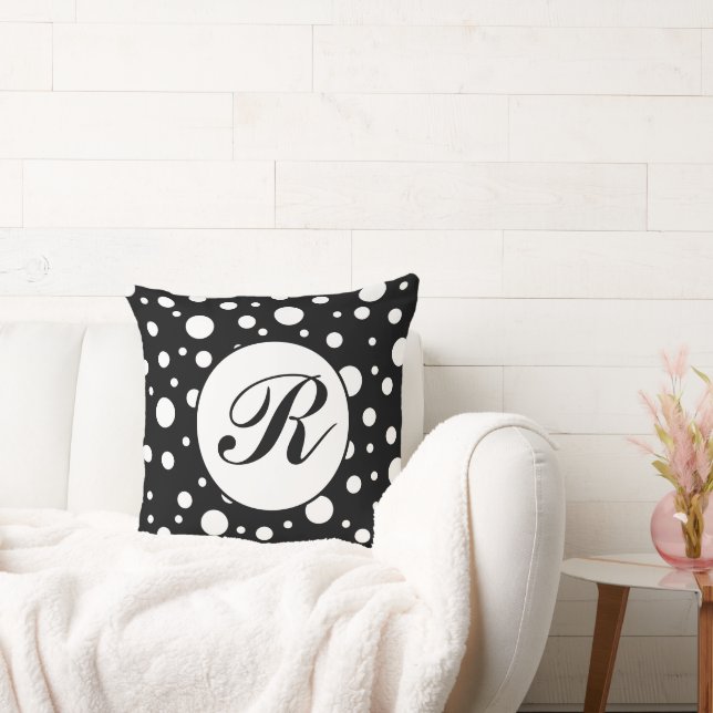 Coussin Monogramme blanc sur le Motif de points Polka Noir (Canapé)