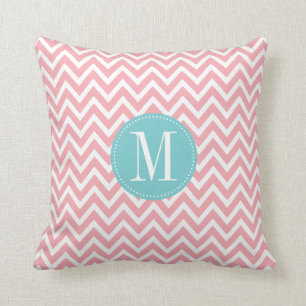Coussin Monogramme bleu-clair et rose de coutume de