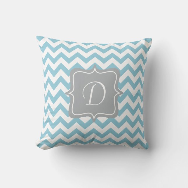 Coussin Monogramme bleu et blanc de zigzag (Recto)