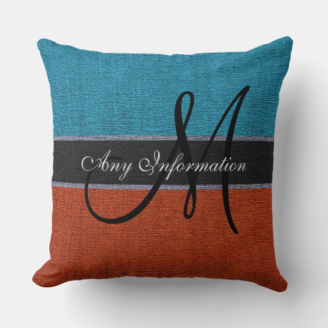 Coussin Monogramme Bleu et Burlap Brown Jute rustique (Recto)