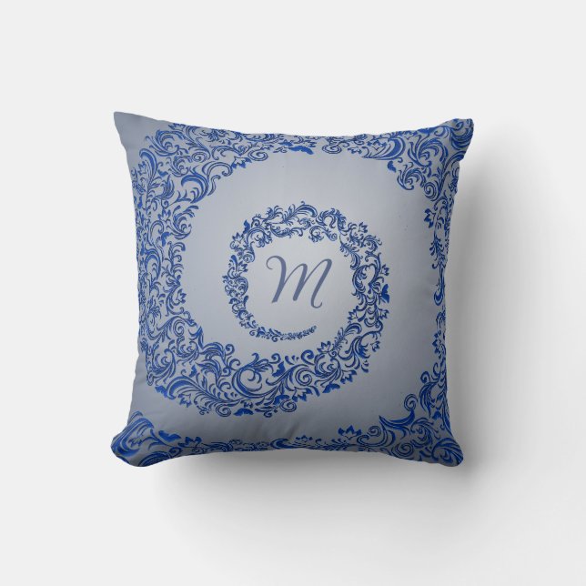 Coussin Monogramme bleu et gris Damas (Recto)