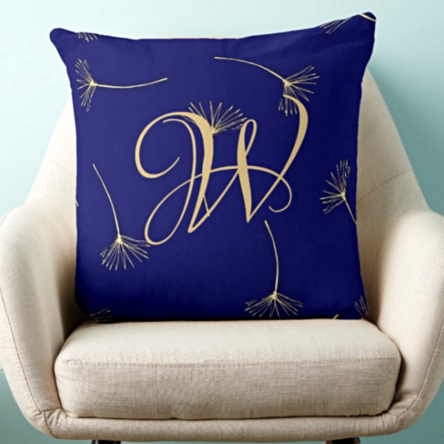Coussin Monogramme bleu foncé et or raffiné (Créateur téléchargé)