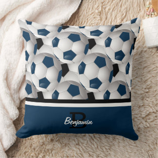 Coussin Monogramme bleu foncé noir Motif de balle de footb