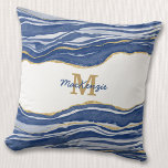 Coussin Monogramme Bleu Marbre Agate Or Parties scintillan<br><div class="desc">Aquarelle bleu Indigo agate marbre design avec faux détail or. Changez le nom et le monogramme initial pour personnaliser.</div>