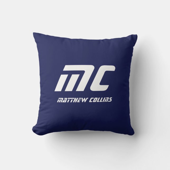 Coussin Monogramme bleu moderne Nom minimaliste Texte blan (Recto)