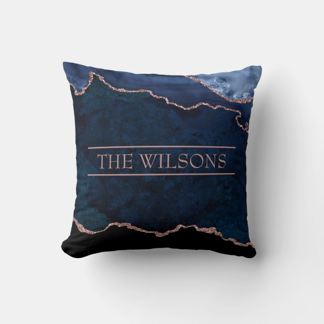 Coussin Monogramme Bleu nuit Bleu Abstrait Marbre élégant (Recto)