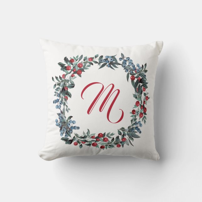 Coussin Monogramme Bleu rouge Baies d'aquarelle (Recto)