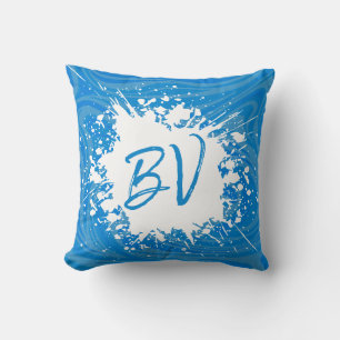 Coussin Monogramme Bleu Tendance à Éclaboussures Aquarelle
