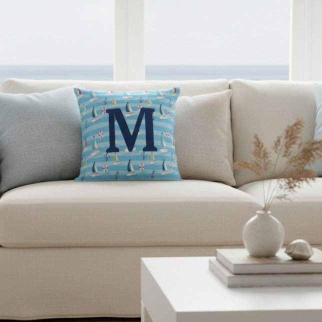 Coussin Monogramme bleu voilier nautique et ancre (Créateur téléchargé)