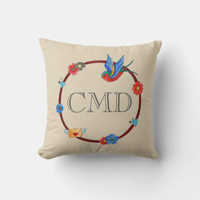 Coussin Monogramme Boho Bluebird (Recto)