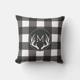 Coussin Monogramme bois de cerf noir et blanc rustique