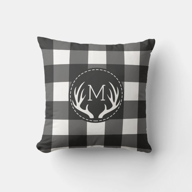 Coussin Monogramme bois de cerf noir et blanc rustique (Recto)