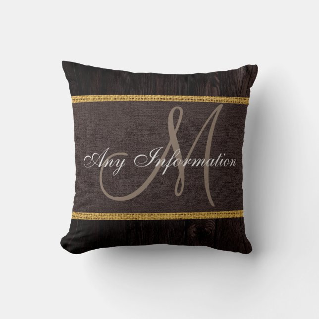 Coussin Monogramme bois look Brown Burlap Rustique (Recto)