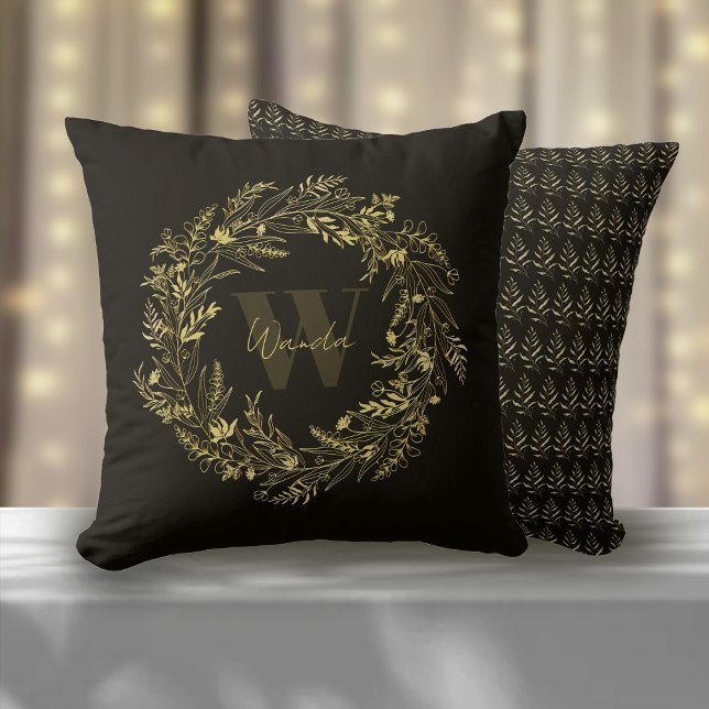 Coussin Monogramme botanique lettre W or chaud (Créateur téléchargé)