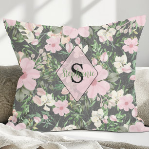 Coussin Monogramme botanique rose vintage