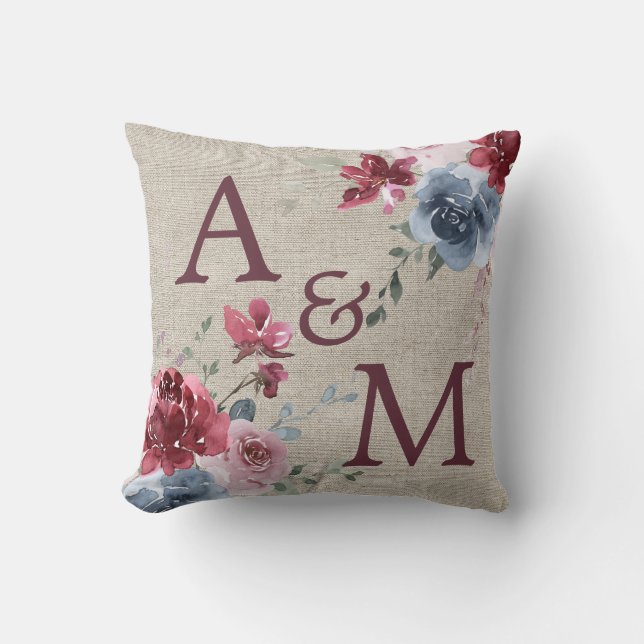 Coussin Monogramme Bourgogne Dusty Rose bleu Floral Linen (Recto)