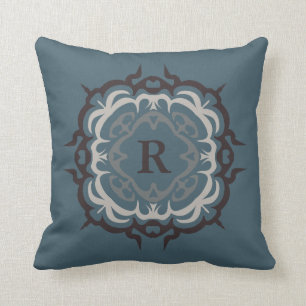 Coussin Monogramme bronzage beau de Flourish de brun bleu