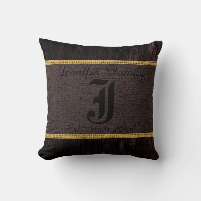 Coussin Monogramme Brown foncé Burlap Linen Bois Look (Recto)