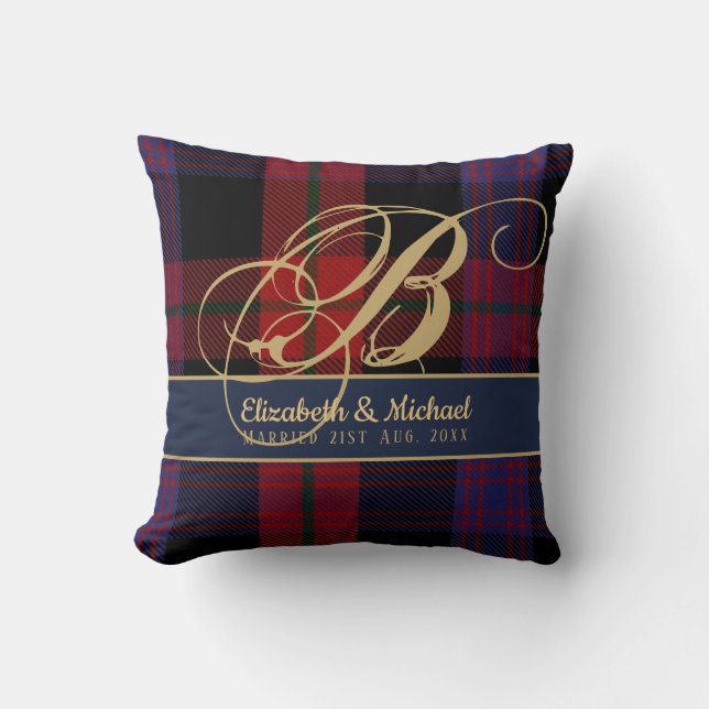 Coussin Monogramme BROWN Tartan bleu rouge Mariage des jeu (Recto)