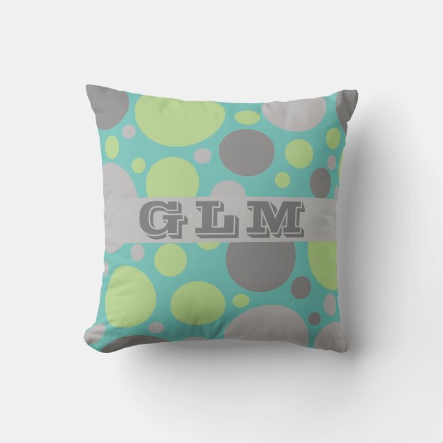 Coussin Monogramme Bulles Vert et Gris Moderne (Recto)