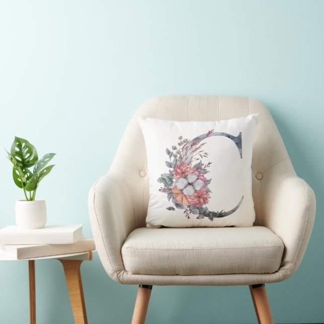 Coussin Monogramme C Fleurs Aquarelle Bleu Rose Pêche (Chaise)