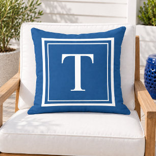 Coussin Monogramme cadre carré blanc bleu cobalt gras