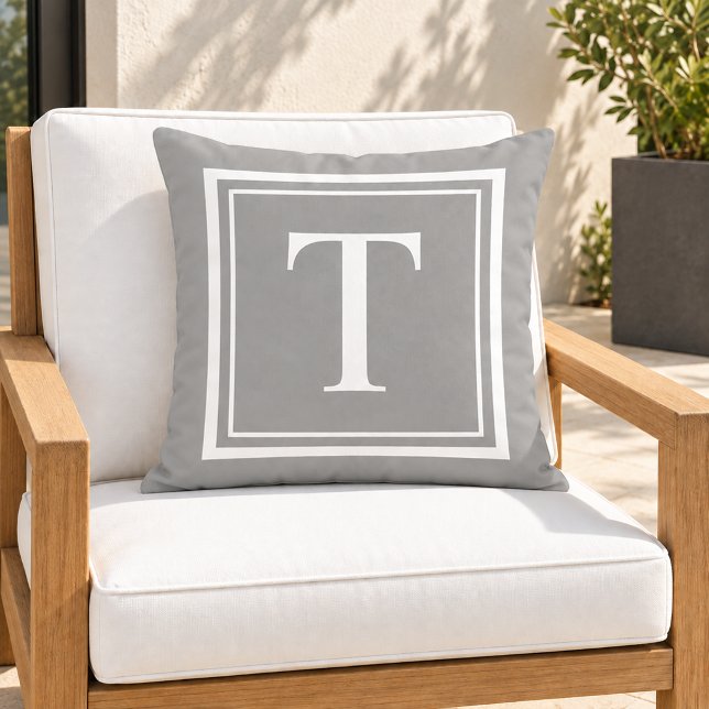 Coussin Monogramme cadre carré blanc gris classique (Créateur téléchargé)