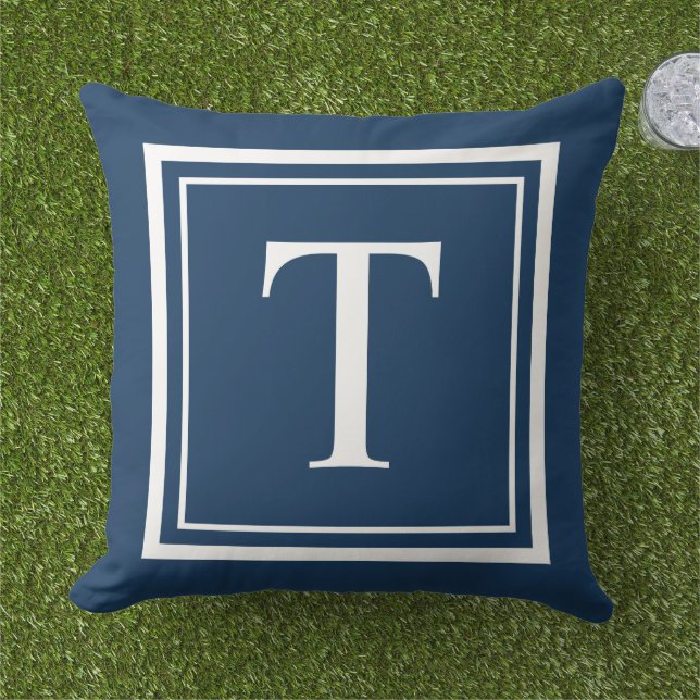 Coussin Monogramme carré blanc et marine classique (Herbe)