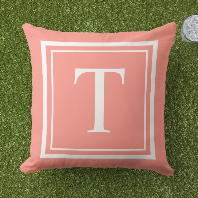 Coussin Monogramme carré cadre blanc corail classique (Herbe)