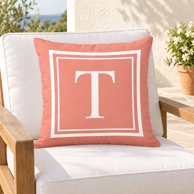 Coussin Monogramme carré cadre blanc corail classique (Créateur téléchargé)