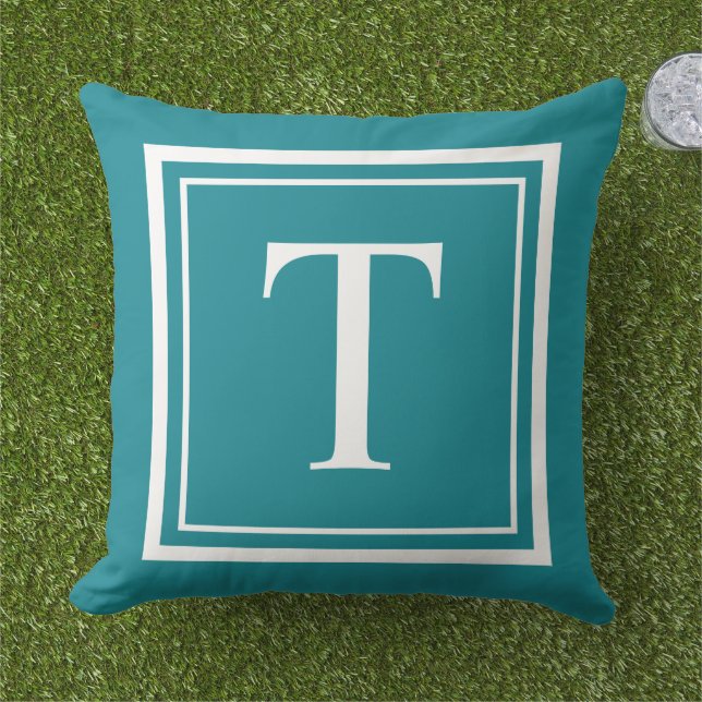 Coussin Monogramme carré cadre blanc sarcelle Classique (Herbe)