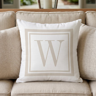Coussin Monogramme carré classique beige clair et blanc