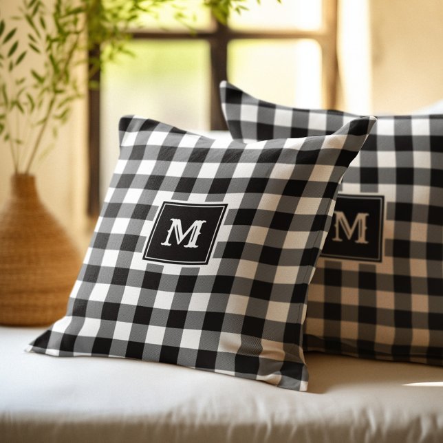 Coussin Monogramme carreaux de bœuf noir et blanc (Créateur téléchargé)