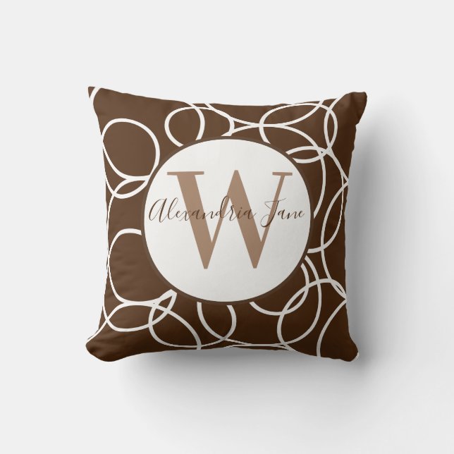 Coussin Monogramme Cercles blancs Brown Moderne Abstrait (Recto)