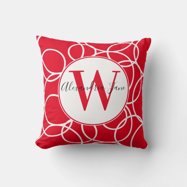 Coussin Monogramme Cercles blancs Rouge moderne Abstrait (Recto)