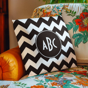 Coussin Monogramme Chevron Blanc et Noir