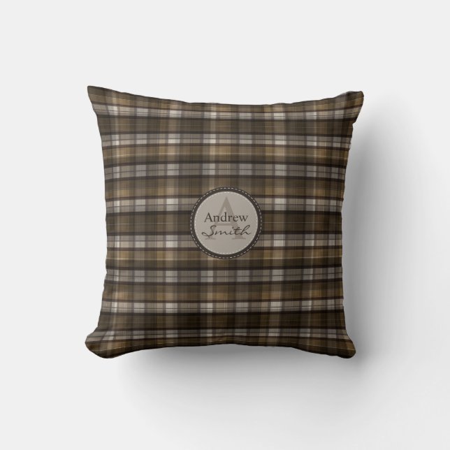 Coussin Monogramme chic de plaid de Café-Brun (Recto)