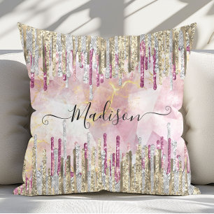 Coussin Monogramme chic en or rose pailleté qui coule
