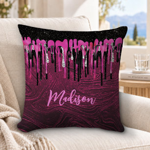 Coussin Monogramme chic en rose vif et paillettes noires