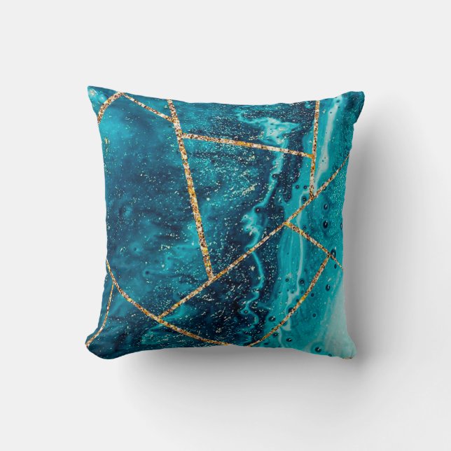 Coussin Monogramme Chic Géode d'Agate Bleu Nuit Or Élégant (Recto)