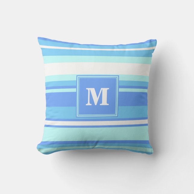 Coussin Monogramme ciel bandes bleues (Recto)