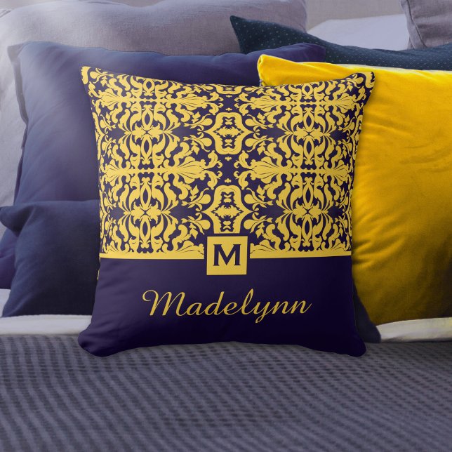 Coussin Monogramme classique bleu or Damask (Créateur téléchargé)