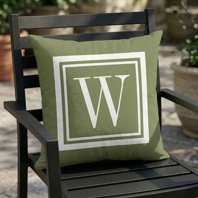 Coussin Monogramme Classique Carré Vert Olive et Blanc (Créateur téléchargé)