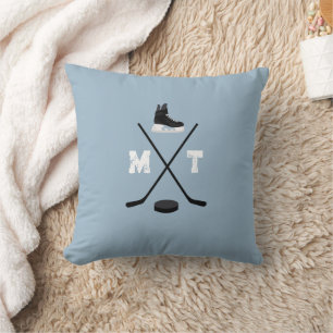 Coussin Monogramme classique de hockey sur glace bleu pous