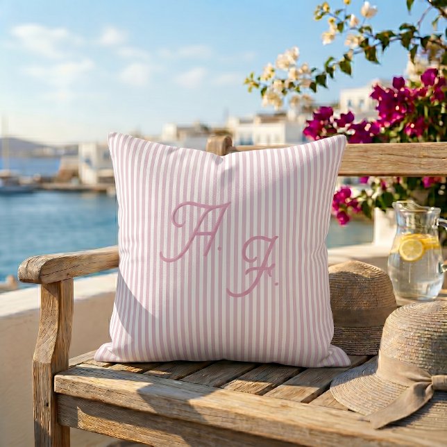 Coussin Monogramme Classique Rayure Rose Blanc Côté Mer (Créateur téléchargé)