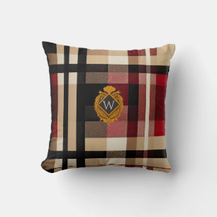 Coussin Monogramme Classique Style Plaid Beige Rouge & Noi